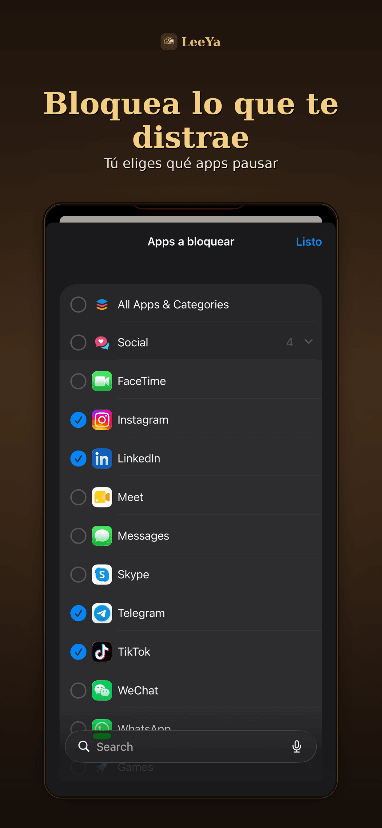 Selector de apps a bloquear en LeeYa con Instagram, TikTok, LinkedIn y Telegram marcadas
