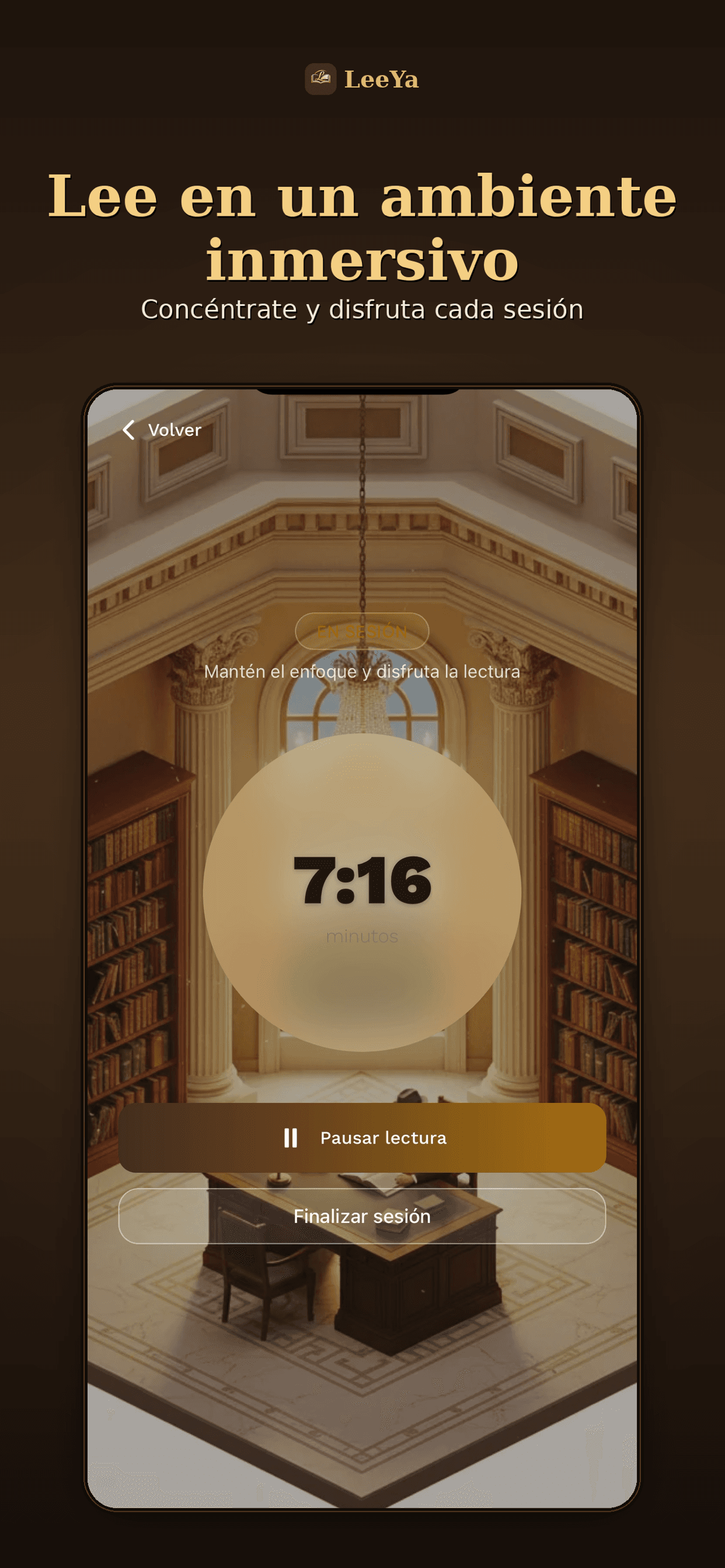Sesión de lectura cronometrada de LeeYa con fondo de biblioteca clásica y 7 minutos en el reloj