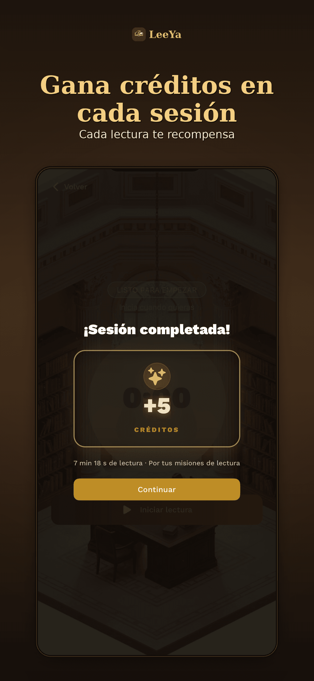 Sesión de lectura completada en LeeYa: pantalla de recompensa con 5 créditos ganados