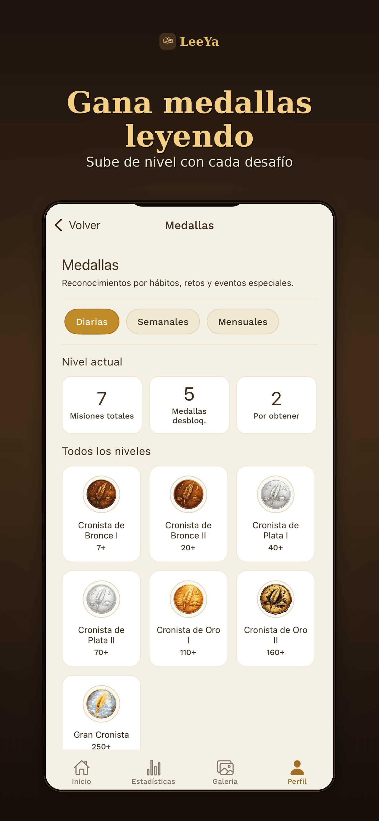 Medallas de LeeYa por misiones de lectura: Cronista de Bronce, Plata, Oro y Gran Cronista