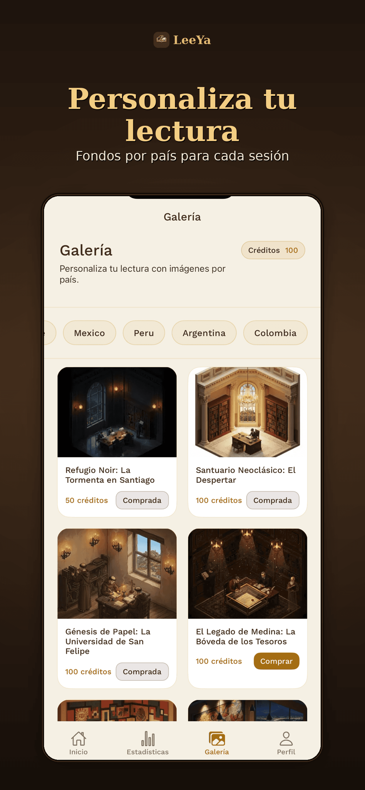 Galería de fondos de lectura de LeeYa con escenarios por país: México, Perú, Argentina y Colombia